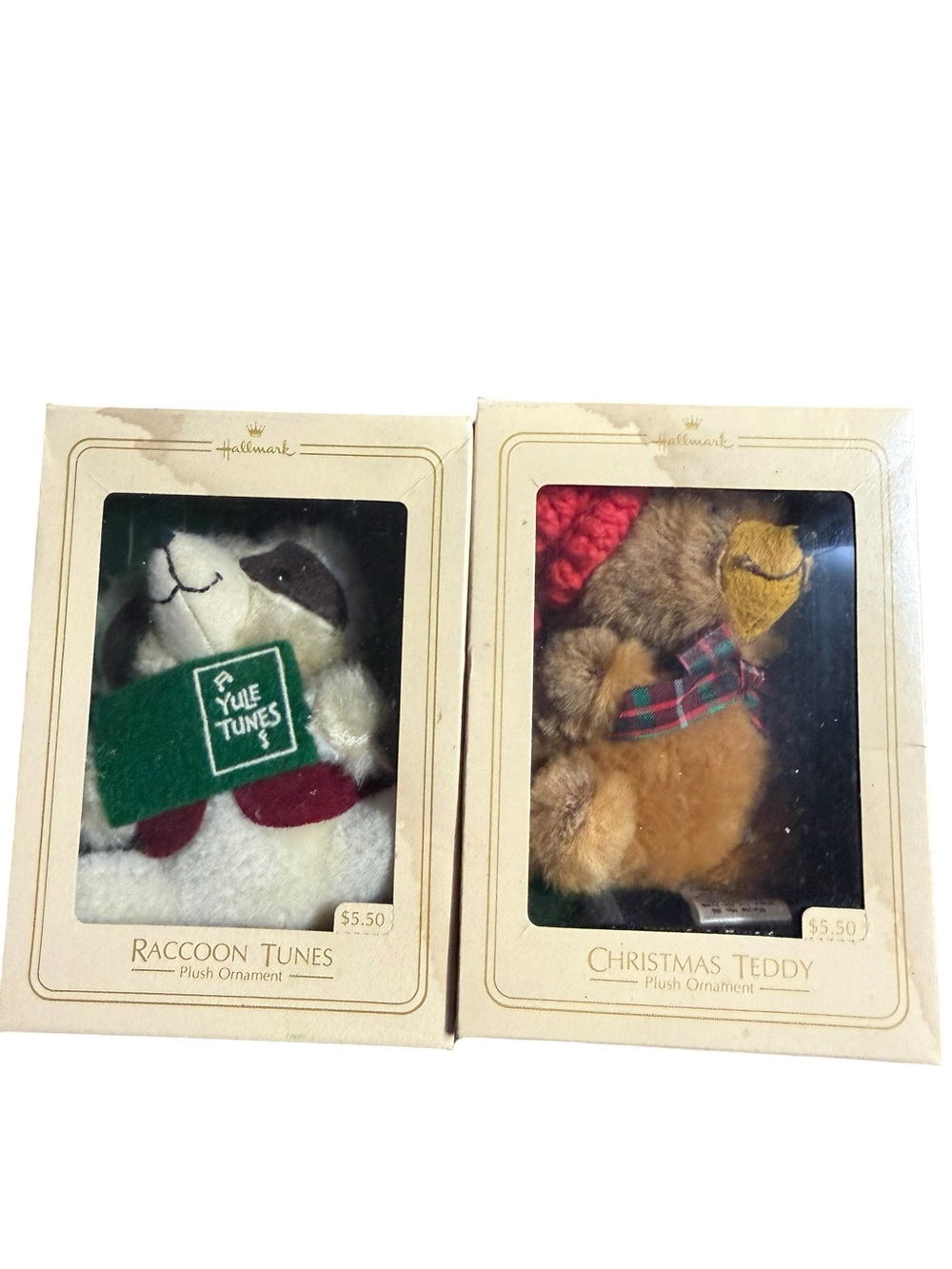Vintage Hallmark Plush Christmas Ornament Set Raccoon Tunes & Christmas Teddy